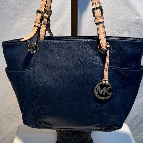 Michael Kors Dark Blue Tote with Tan Straps - Picture 2 of 13